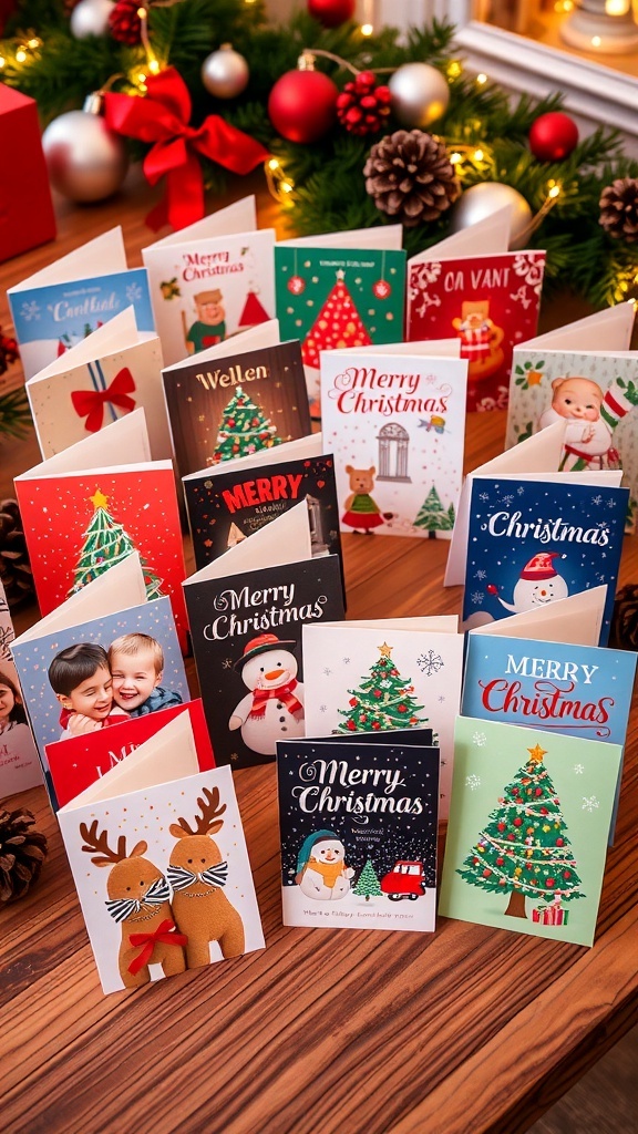 Christmas Card Business Guide A collection of colorful Christmas cards on a wooden table with holiday decorations.